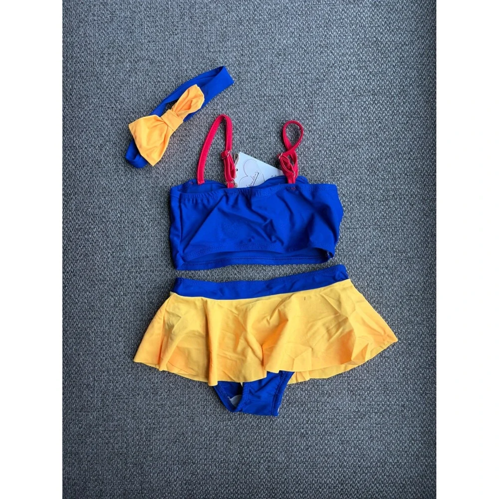 Girls Snow White Inspired 3 Piece Swimsuit Set Blue‎ Yellow Red Bow 3-4Y NEW